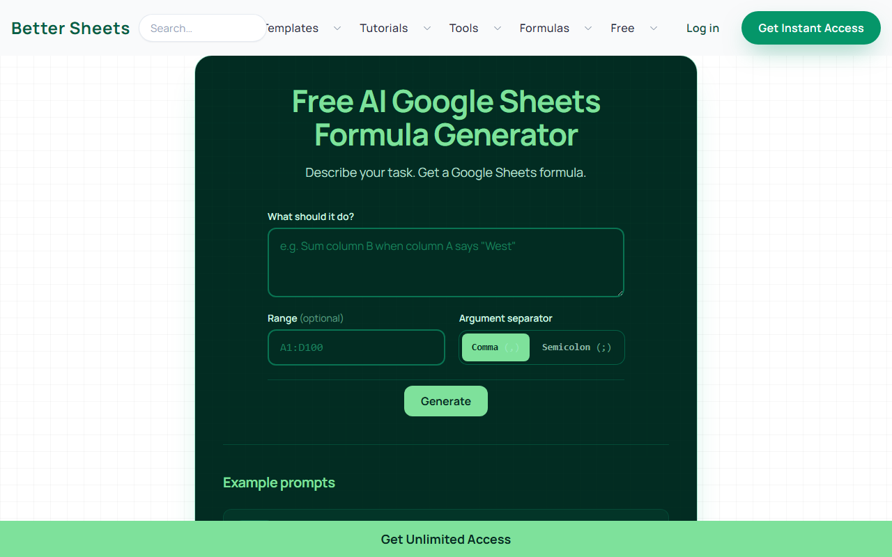Google Sheets Formula Generator 界面截图